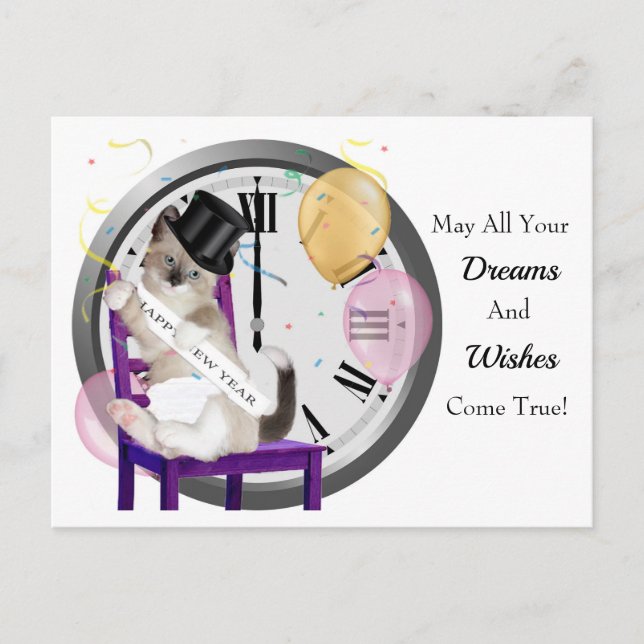 Postales del reloj de gatito de Año Nuevo (Anverso)