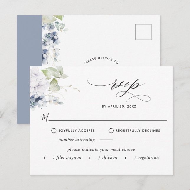 Postales Dusty Blue Floral RSVP sin comidas (Anverso / Reverso)