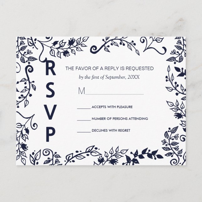 Postales elegantes de RSVP floral blanca y azul de (Anverso)