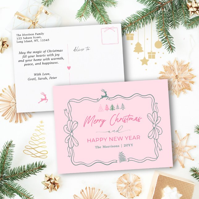 Postales festivas de Bow & Trees Doodle color rosa (Festive Bow & Trees Doodle Pink Holiday Postcard)