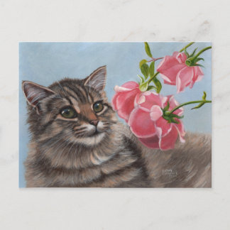 Postales Fluffy Cat y 3 rosas rosadas