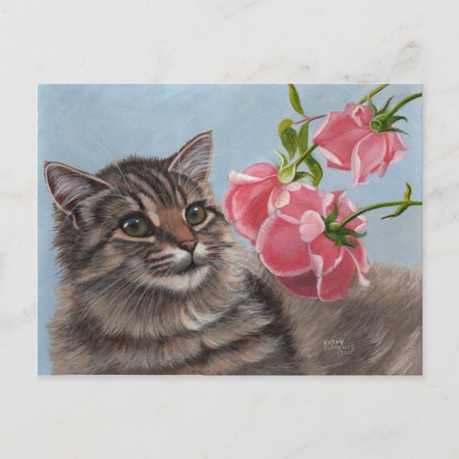 Postales Fluffy Cat y 3 rosas rosadas (Anverso)