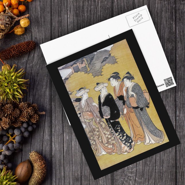 Postales japonesas para damas de Geisha (Group vintage Japanese Geisha women traditional clothing on tan with black border postcard.)