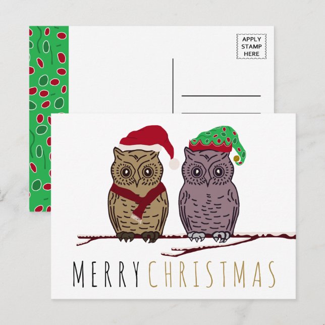 Postales navideñas de búho de Santa y Elf (Anverso / Reverso)