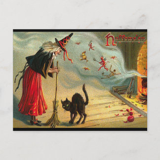Postales para brujas de Halloween, gato negro, hab