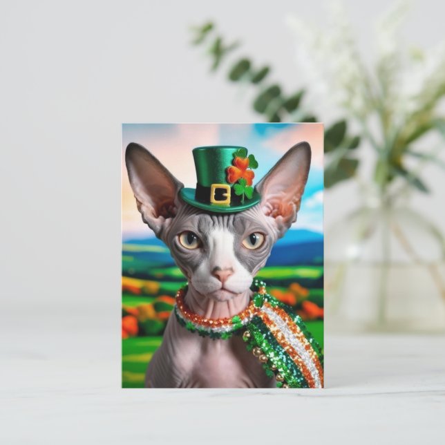 Postales para gatos Sphynx St. Patrick's Day Irela (Anverso de pie)