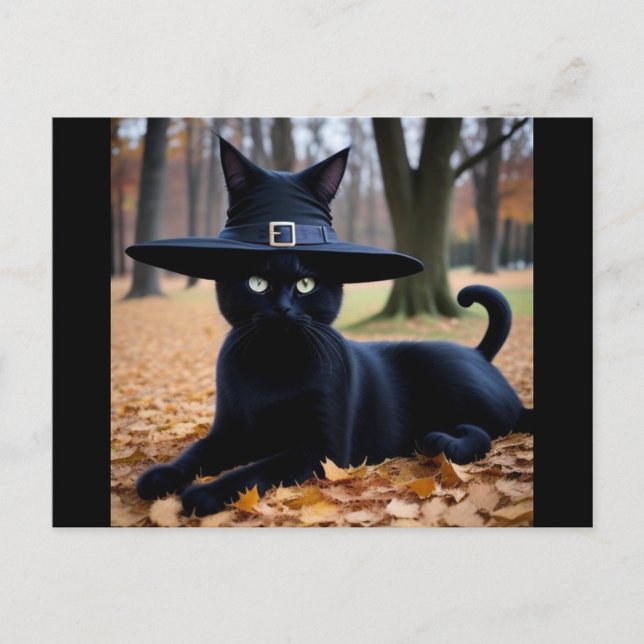 Postales para vacaciones en gatos de otoño (A black cat wearing a witch's hat lounges gracefully on a bed of autumn leaves.)