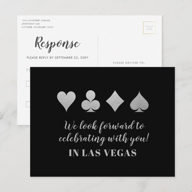 Postales plateadas RSVP de la boda de Las Vegas de (Anverso / Reverso)