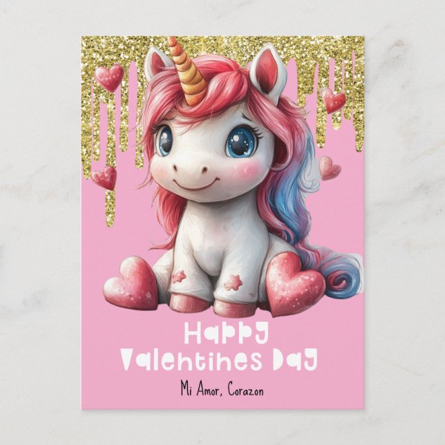 Postales rosa Unicorn Día de San Valentín (Anverso)