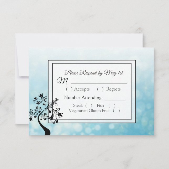 Postales RSVP de árbol decorativo azul y negro (Anverso)