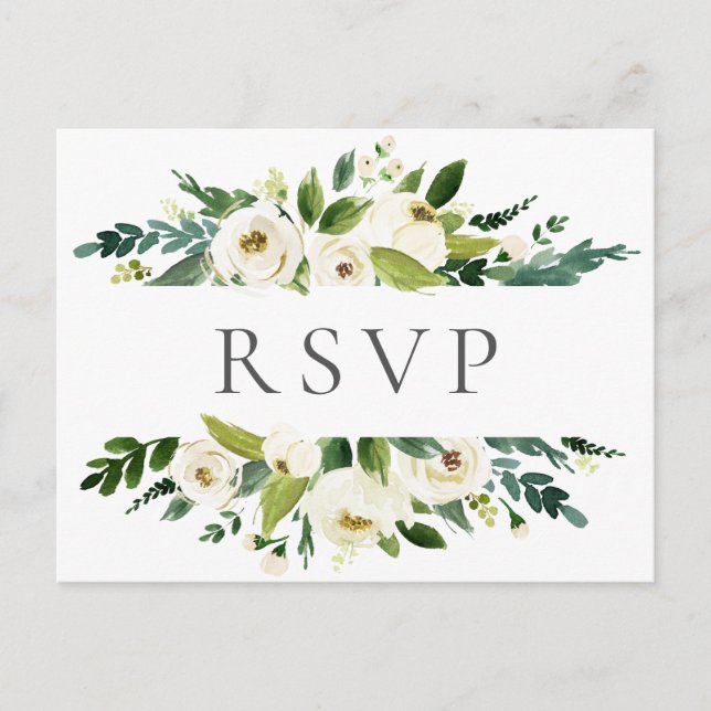 Postales RSVP de boda de Flor y Verdor Blanco (Anverso)
