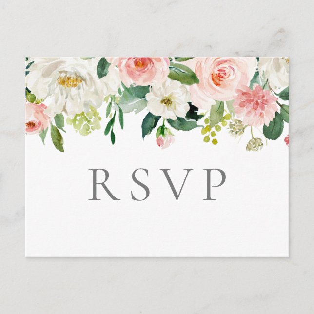 Postales RSVP de boda de flores rosadas y blancas (Anverso)