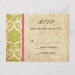 Postales RSVP de damasco de época en rosa y verde