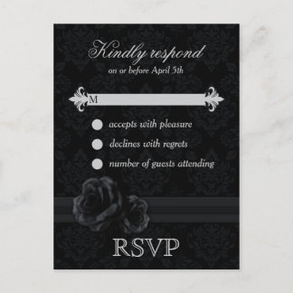 Postales RSVP de damasco negro con rosa de encaje