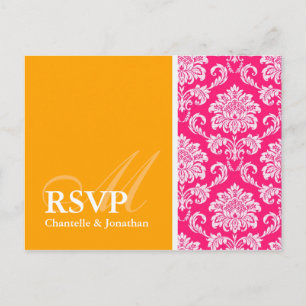 Postales RSVP de Damask de color rosa caliente y N