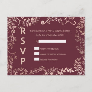 Postales RSVP de Marsala Red Rose Gold Floral