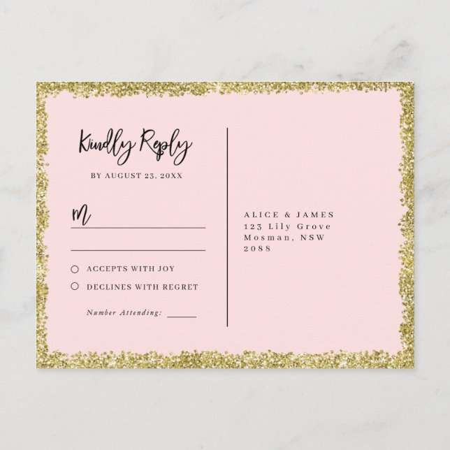 Postales RSVP de Purpurina rosa y dorado (Reverso)