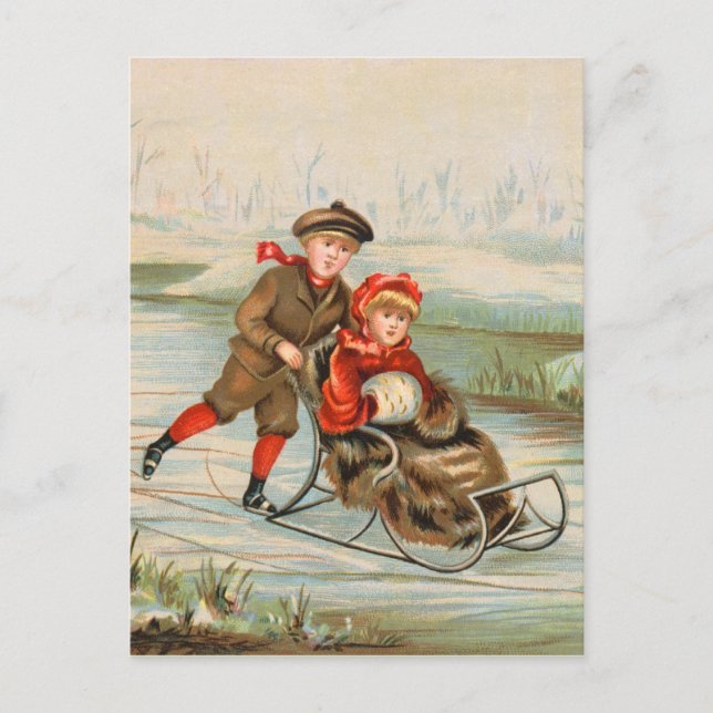 Postales Sledding del invierno del vintage (Anverso)