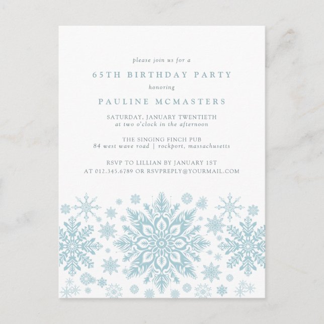 POSTCARD 65th Birthday Blue Snowflake Invitación (Anverso)