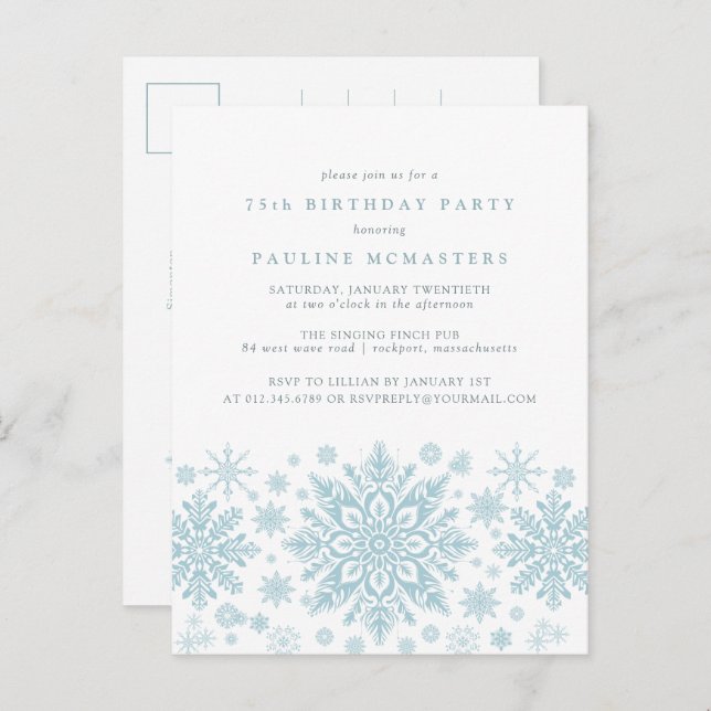 POSTCARD 75th Birthday Blue Snowflake Invitación (Anverso / Reverso)