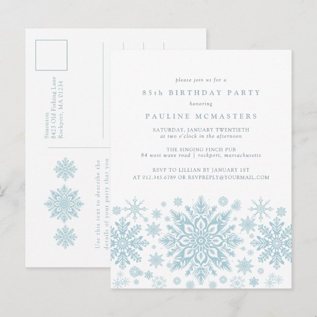 POSTCARD 85th Birthday Blue Snowflake Invitación (Anverso / Reverso)