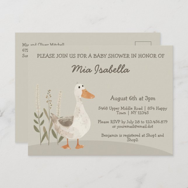 Postcarta de invitación a Baby Shower con ganso de (Anverso / Reverso)