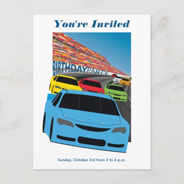 Postcarta de invitación de fiesta de autos de carr (Anverso)