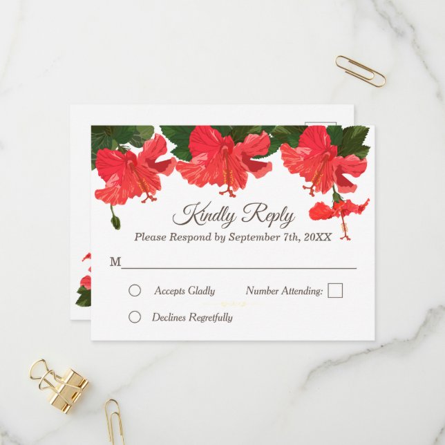 Postcarta de invitación Floral RSVP con Hibiscus R (Anverso/Reverso In Situ)