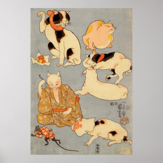 Póster た と え 尽 の (下),  Gatos Japoneses (3), Kuniyoshi, Uk (Frente)