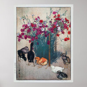 Póster ひ よ こ, Dianthus & Chicks , Hiroshi Yoshida, Woodcu