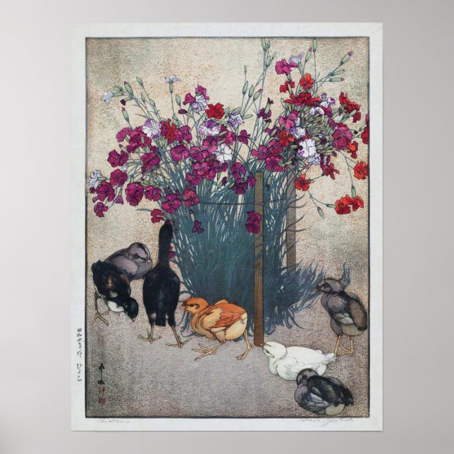 Póster ひ よ こ, Dianthus & Chicks , Hiroshi Yoshida, Woodcu (Frente)