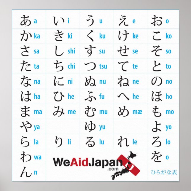 Póster ひ la tabla de hiraganas de WeAidJapan な が (Frente)