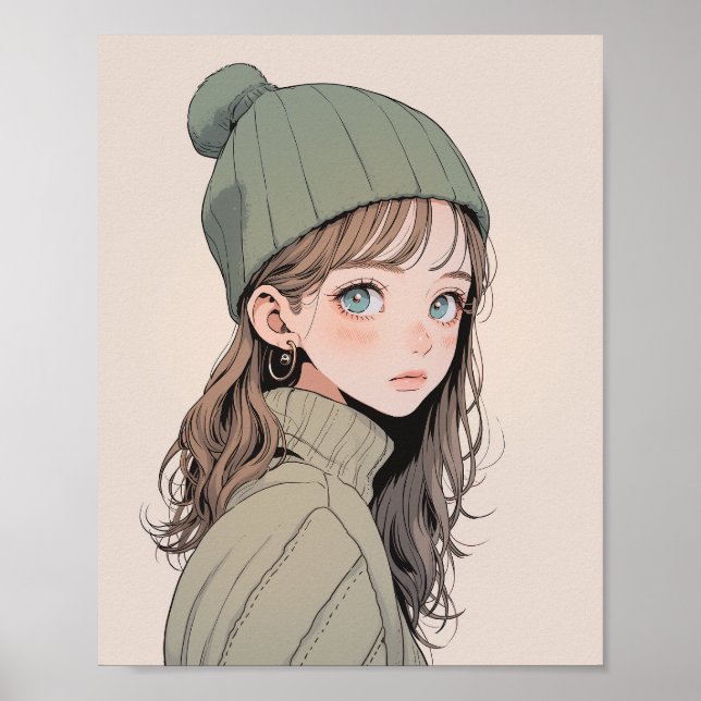 Póster 【アイコン画像】ダウンロードできるニット帽JK｜寿司娘 GenerativeAI (Frente)