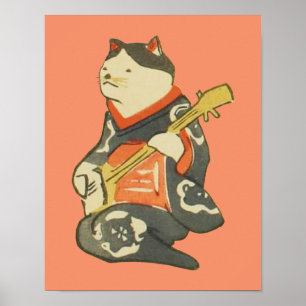 Póster 三 味 線 を 弾 猫, ・ Cat Toca Guitarra, Kuniyoshi, Ukiyo