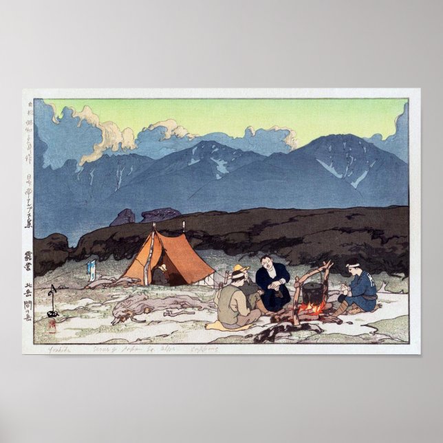 Póster 営 露 (北 岳,間 岳), Camping, Hiroshi Yoshida, Woodcut (Frente)