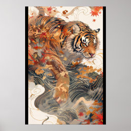 Póster 【大】紅葉と黄金に包まれた虎/A tiger in gold and autumn