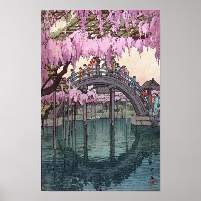 Póster 天 戸 亀, Puente Kameido, Hiroshi Yoshida, Woodcut (Frente)