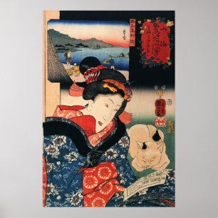 Póster 女 と 眠 る 猫, 国 Mujer 芳 Gato durmiente, Kuniyoshi