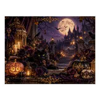 PÓSTER 幻想的なゴシックハロウィン 黒猫と月夜のグロッシーポスター