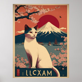 PÓSTER 日本の伝統的なヴィンテージデザインを使用したアート作品 美しい富士山と猫