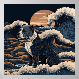 PÓSTER 日本の伝統的なヴィンテージデザインを使用したアート作品 躍動感のある波と犬