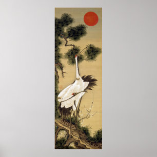 Póster 旭 日 松 鶴, 若 冲 Grúa y sol matutino, Jakuchū