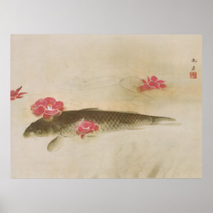 Póster 椿 と 鯉, 速 水 舟 Camellia y Carp, Gyoshū