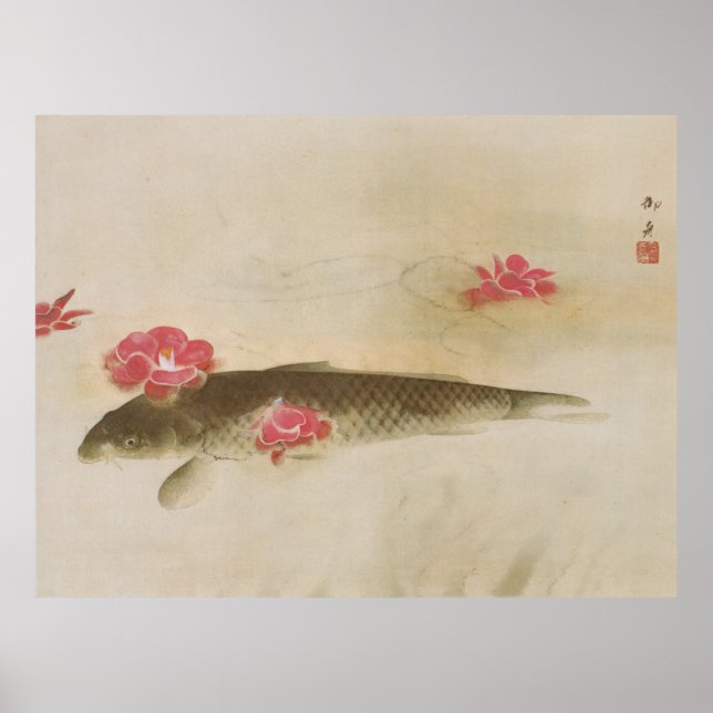 Póster 椿 と 鯉, 速 水 舟 Camellia y Carp, Gyoshū (Frente)