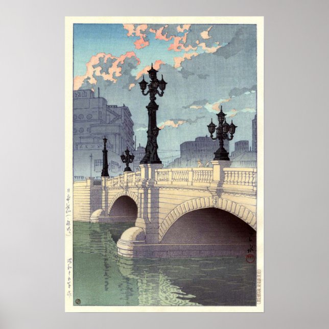 Póster 橋 本 日, Puente Nihonbashi, Hasui Kawase, Woodcut (Frente)