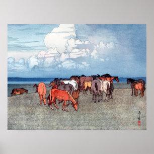 Póster 沼 崎 場, caballos, Hiroshi Yoshida, Woodcut