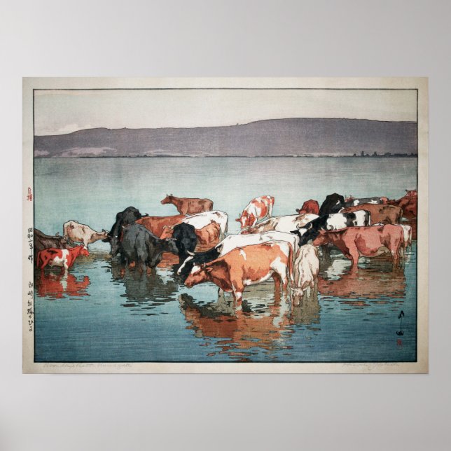 Póster 沼 崎 牧 場 の, Vacas, Hiroshi Yoshida, Woodcut (Frente)