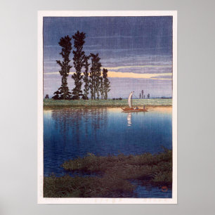 Póster 牛 堀 の 夕 れ, noche en Ushibori, Hasui Kawase, Woodcu