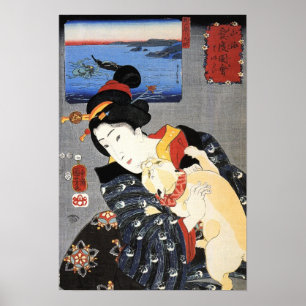 Póster 猫 と 女, 国 Gato y Mujer, Kuniyoshi, Ukiyoe