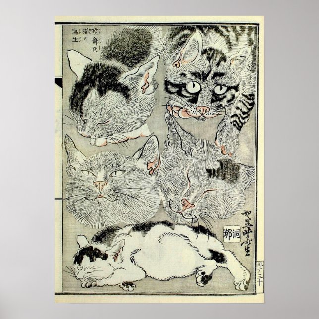 Póster 猫, 暁斎 Cats, Kyōsai, Ukiyo-e (Frente)